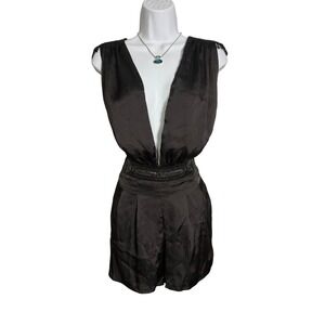 Y2K Black Satin Beaded Romper Small Gothic Open Back Deep Plunge Party Romper